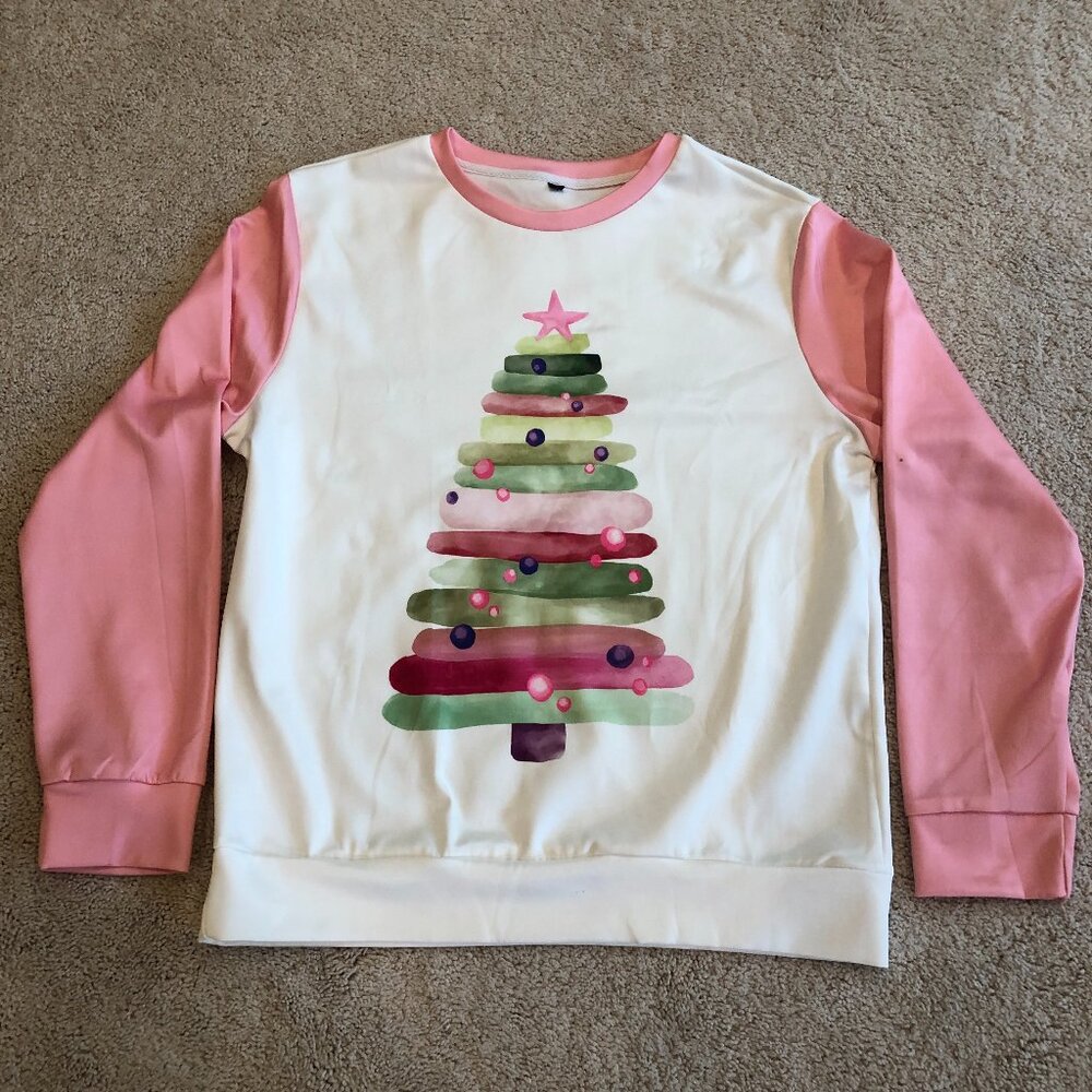 NWOT Pink White Christmas Round Neck Long Sleeve Sweater Sweatshirt Top Blouse